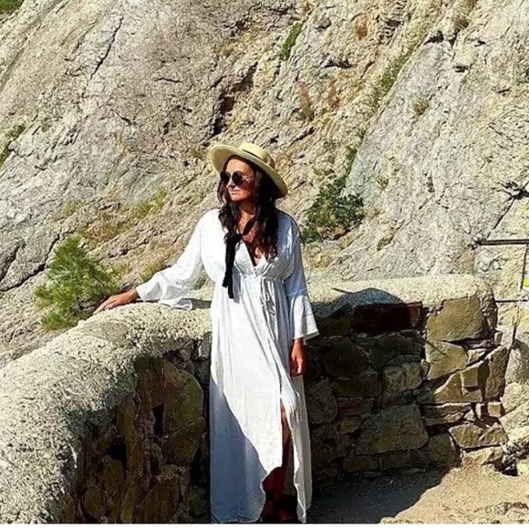 New Summer Bohemian White Gauzy Beach Long Maxi Dress Kimono - Picture 10 of 15